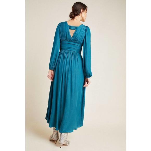 Anthropologie Gwendolyn Turquoise Pleated Maxi Dress Long Sleeve Boho Size 2 NWT - Picture 10 of 15